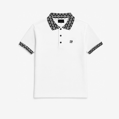 Alan Daniel White polo shirt with black and white patterned collar and sleeves on a white background