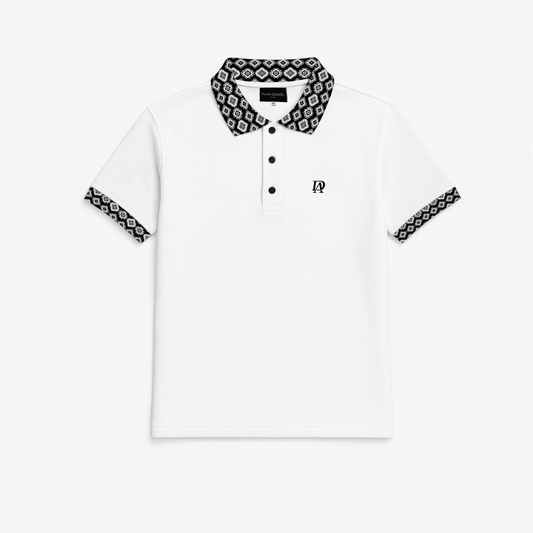 Alan Daniel White polo shirt with black and white patterned collar and sleeves on a white background